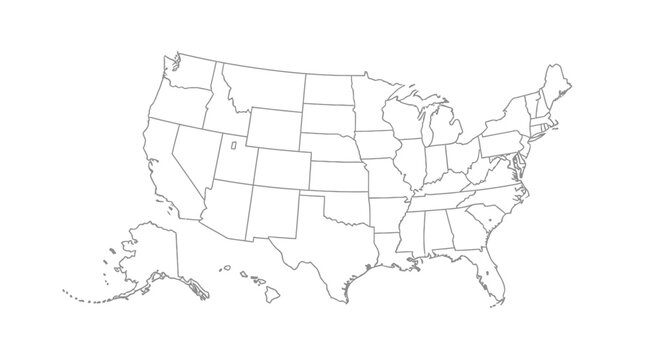 Complete Outline Map of United States with All State Borders Alaska and Hawaii in Bright Studio