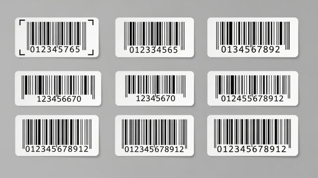 Set of barcode stickers fake with different thick and thin lines. Vertical streaks, strips with random information lines. Abstract geometric texture background for retail, supermarket