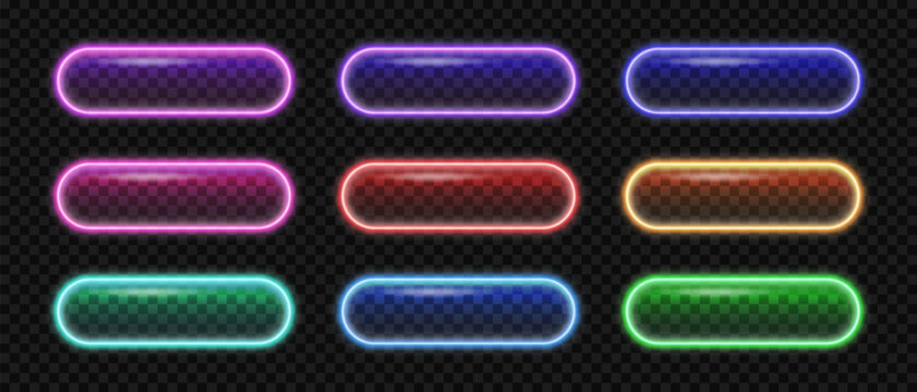 Neon glass button frame set, Glass illuminated 3d buttons with glare, Neon realistic glowing frames for web design