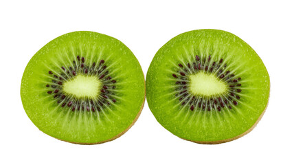 Fototapeta premium Isolated two fresh ripe green kiwi fruit halves showing vibrant juicy pulp and black seeds