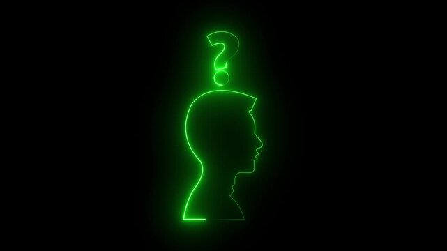 Glowing neon line Human head with question mark icon animation on black background. Help icon, support concept, call center and customer service animation.