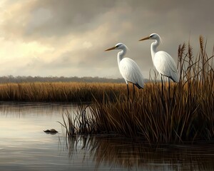 Fototapeta premium Marshland with herons, turtles, and cattails, peaceful wetland composition
