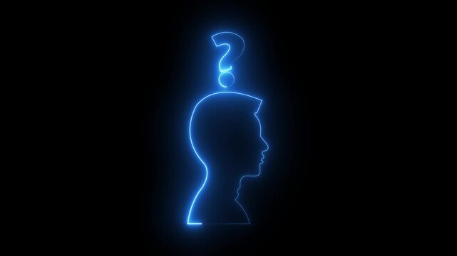 Glowing neon line Human head with question mark icon animation on black background. Help icon, support concept, call center and customer service animation.