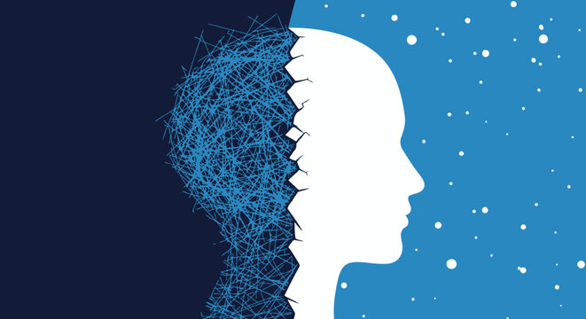 Mental Health and Psychology Concept Illustration of Chaos versus Clarity: Human Head Profile with Tangled Thoughts and Clear Mind Silhouette
