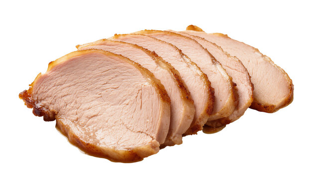 Isolated succulent slices of oven-roasted pork loin or turkey breast, gourmet meal ingredient