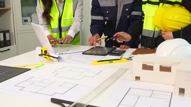 brainstorming and measuring for cost estimating on paperworks and floor plan drawings about design architectural and engineering for houses and buildings.