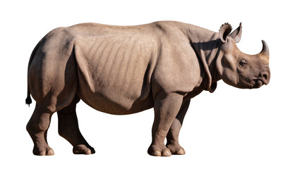 Obraz premium Powerful adult rhinoceros standing in a side profile, showcasing its thick grey skin and prominent horn, isolated PNG on transparent background