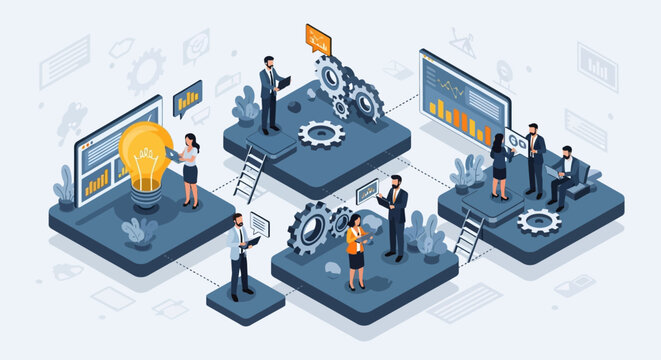 Business Teamwork and Data Analysis Isometric Illustration with Project Management, Innovation Idea, and Process Optimization Concept