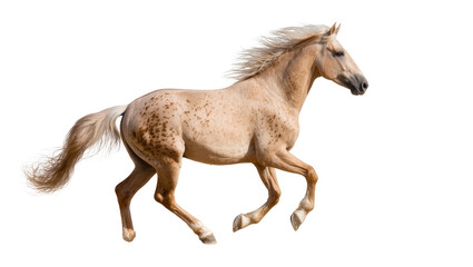 Majestic dappled palomino horse running with flowing mane and tail, isolated PNG on transparent background, dynamic equine motion © Emilija