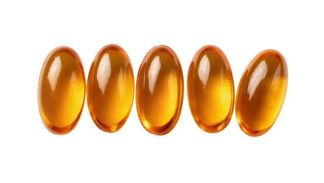 Five golden softgel capsules containing essential vitamins or omega-3 oil, perfectly isolated PNG on transparent background, vital health supplement for daily nutrition