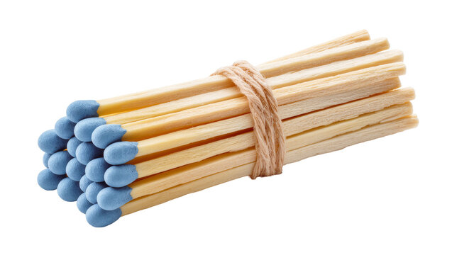 Isolated bundle of wooden matches with blue heads tied with rustic twine ready to ignite