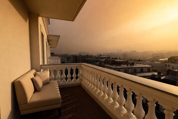 Fototapeta premium A balcony overlooking a hazy cityscape at sunset.