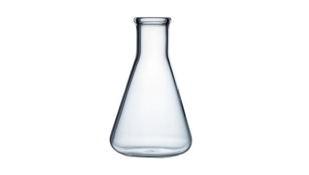 Empty clear glass Erlenmeyer flask, a fundamental piece of laboratory equipment, perfectly isolated for scientific design projects PNG