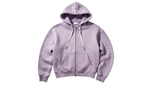 Isolated modern lavender full-zip hoodie, casual comfortable long-sleeve sweatshirt with hood