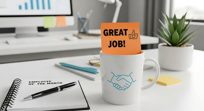 Motivating great job sticky note on coffee mug at office for employee recognition and workplace appreciation with professional corporate business background
