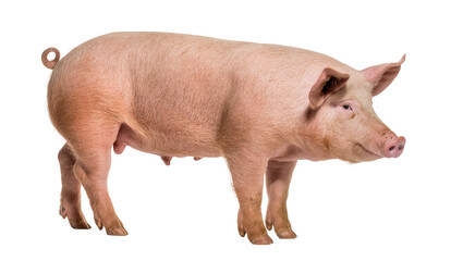 Healthy light pink domestic pig standing in profile, looking forward with a curly tail, isolated PNG, farm animal livestock for agriculture © Emilija