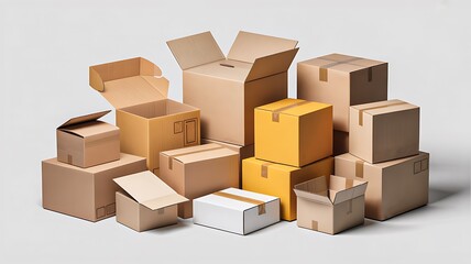 Fototapeta premium Stack of cardboard boxes for packaging and shipping isolated on white background logistics and delivery concept