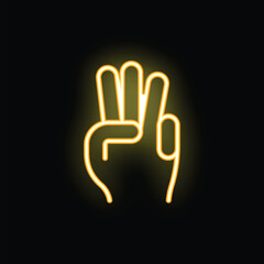 Obraz premium Bright yellow neon sign showing a hand making the number three gesture on a black background