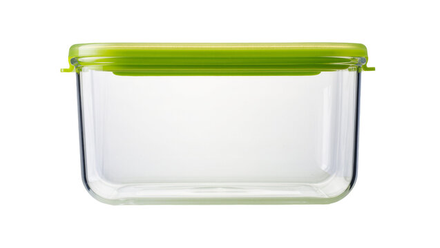 Isolated empty rectangular glass food storage container with a vibrant green plastic lid