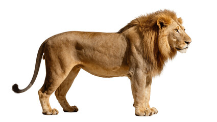 Obraz premium Isolated majestic male African lion standing in profile, a powerful and regal wild animal