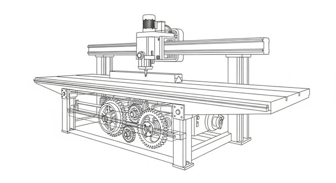 Detailed Line Art of a CNC Milling Machine.