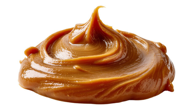 Isolated delicious caramel sauce swirl with a smooth and creamy texture, sweet dessert topping.