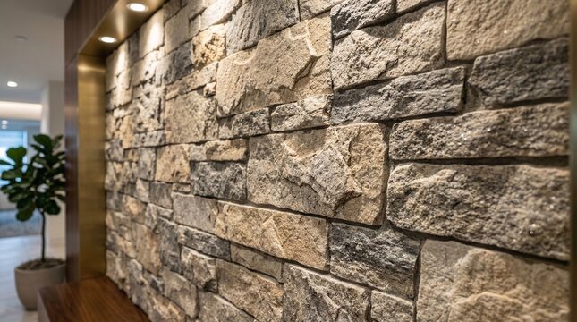 Close-up of premium architectural stone cladding in an upscale office lobby showing natural beige and grey textures under soft lighting.