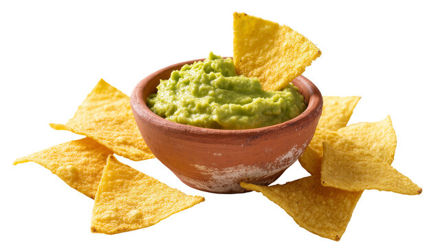 Isolated bowl of creamy green guacamole dip with crunchy yellow tortilla chips for snack