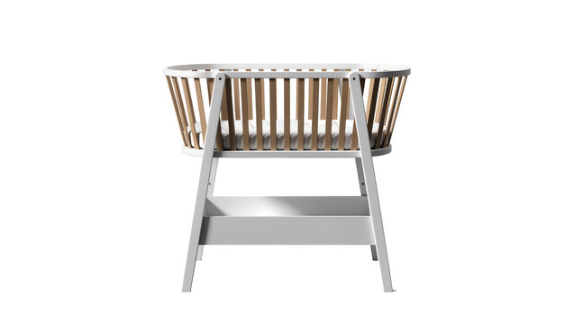Modern baby crib with natural wooden slats and white frame, isolated nursery furniture on transparent background PNG for infant care design