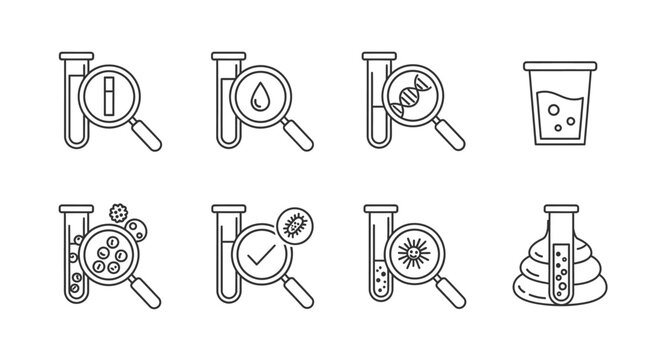 medical lab test and analysis line icons for health diagnostics and scientific research illustrating pathology and clinical studies