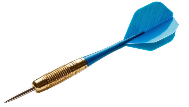 Isolated sharp dart with a textured gold barrel and bright blue flights for competitive play
