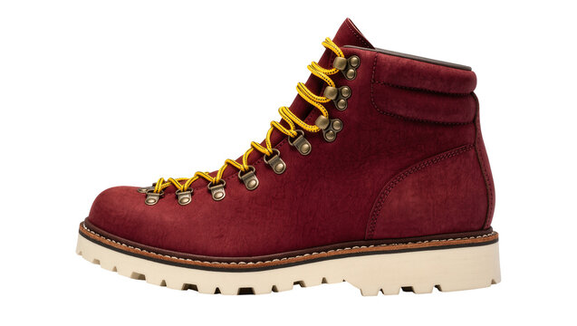 Isolated single fashionable maroon hiking boot with bright yellow laces and rugged sole