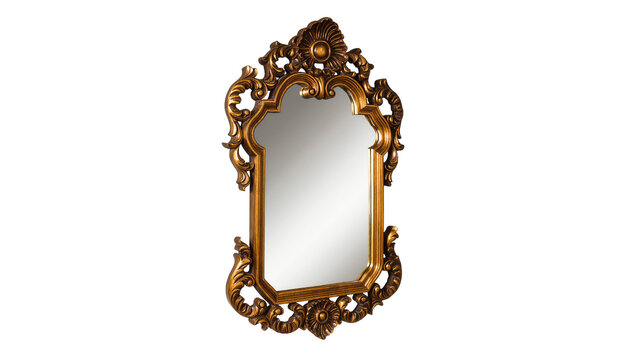 Isolated elegant gold ornate decorative vintage mirror with intricate carved frame design