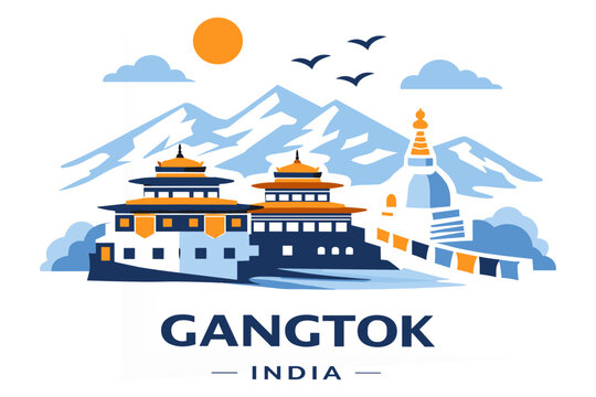 Gangtok Skyline Flat Vector Buddhist Monastery Sikkim Himalaya India Travel Illustration