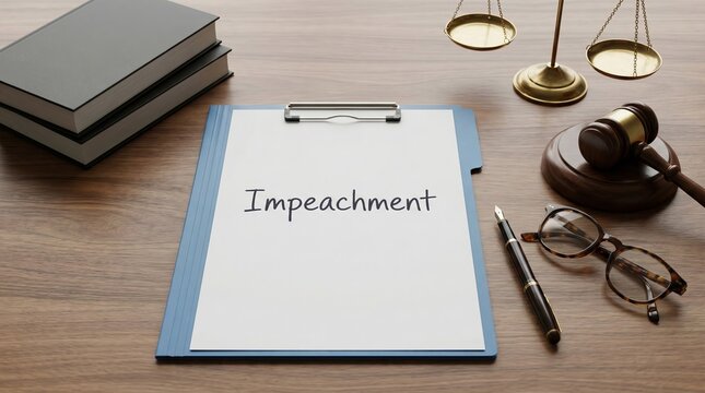 Words 'Impeachment' written on paper beside a gavel on desk