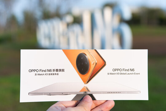 OPPO Find N6 smartphone box held in hand with blurred outdoor background in Shanghai, China