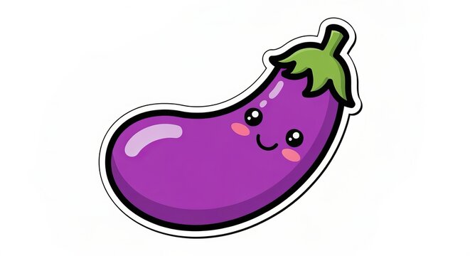 Charming Cartoon Eggplant Character with Chubby Features and Rosy Cheeks on a Solid White Background