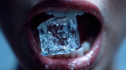 Obraz premium Closeup mouth biting ice cube, cinematic blue light, editorial studio portrait focusing on glossy lips, crystal ice texture, visible condensation on skin, dramatic cold contrast and sensual mood