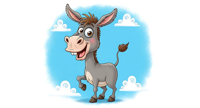 Adorable comical donkey character with oversized expressive eyes and a goofy humorous grin, whimsical friendly farm animal mascot illustration for nursery decor and children's book design.