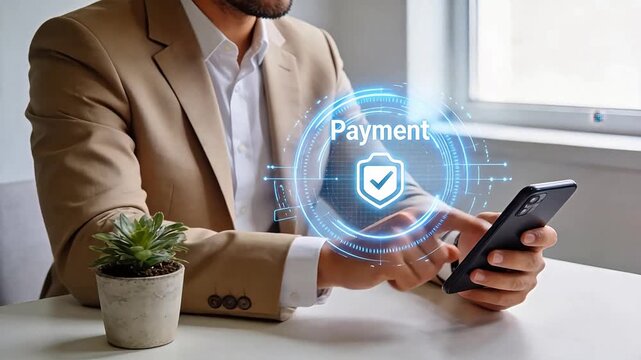 Person using smartphone for secure payment with digital shield interface
