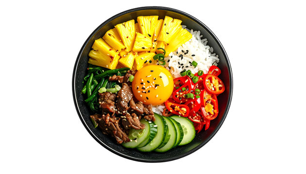 Korean bibimbap bowl rice, veggies, beef, egg, fruit, and spicy peppers