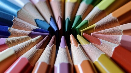 Obraz premium vibrant colored pencils arranged in circle, macro closeup showing sharpened tips and wood grain, warm lighting, shallow depth, artist preparing color study, calm creative mood, studio flatlay