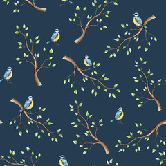 Spring seamless patterns with branch, leaves and blue tit perche. Watercolor titmouse, easter hand drawn illustration isolated on background, transparent png. Botanical and wedding clip art. For © Natalia
