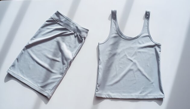 Gray athleisure set of crop top and mini skirt on a white surface in natural light