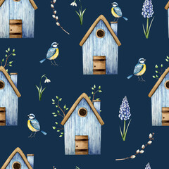 Seamless pattern with cute birdhouse, snowdrop, muscari flowers, branch with leaves and blue tit perche. Watercolor titmouse, easter hand drawn illustration isolated on background, transparent png © Natalia