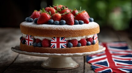 vintage visual food art, experienced designer creates a specialized vintage-themed victory sponge cake adorned with strawberries and blueberries commercial is text-free