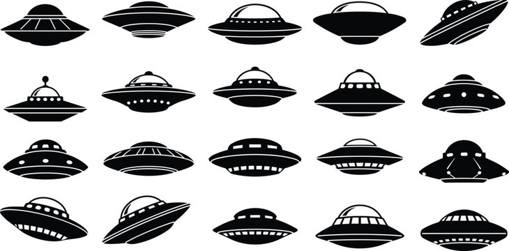 UFO spaceship silhouette icon set, alien flying saucer vector illustration collection, mysterious unidentified flying objects, futuristic spacecraft isolated graphic design elements.