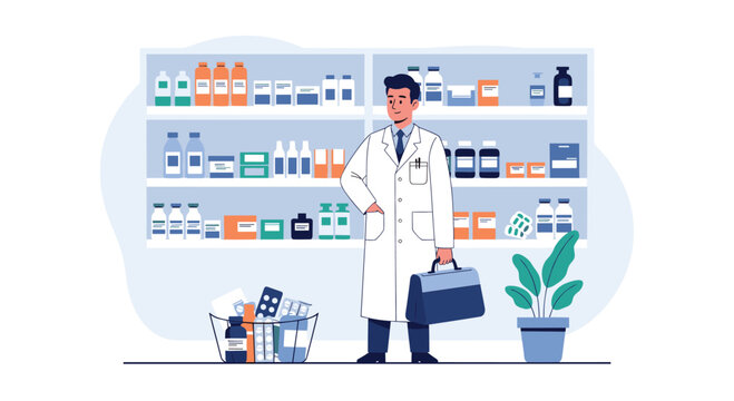 Professional pharmacist in white coat standing in a pharmacy store surrounded by shelves full of medicines.