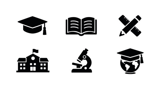 Six black education themed icons showing a graduation cap, open book, pencil and ruler crossed, school building, microscope, and globe topped with graduation cap, 
