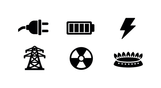 Six solid black utility icons on white rounded tiles including plug, battery, lightning, power tower, nuclear symbol, and gas burner with text labels.